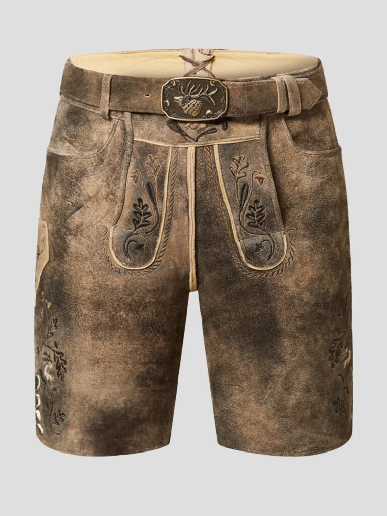Premium Vintage Brown Lederhosen with Oak Leaf Design Front