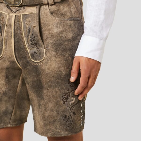 Premium Vintage Brown Lederhosen with Oak Leaf Design Side