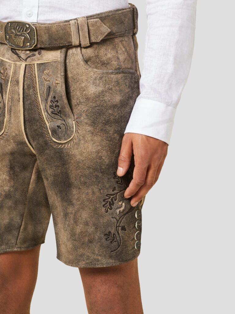 Premium Vintage Brown Lederhosen with Oak Leaf Design Side